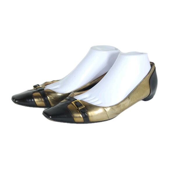 CHRISTIAN LOUBOUTIN Women's 41 US10,5 Black Gold Patent Metallic Leather Flats - Picture 1 of 16
